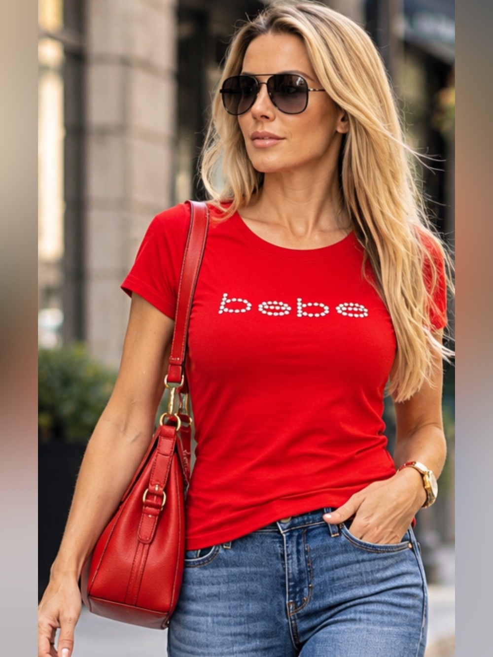 Bebe Red Short Sleeve Tee with Crystal Logo Y2K NEW size Medium